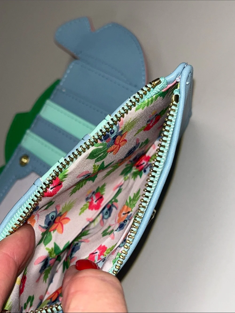 Loungefly Blue Stitch Face Wallet w/Pink Ears and Green Leaf Accent NWT